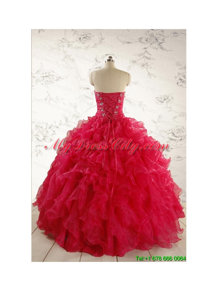 2015 Pretty Beading Red Quinceanera Dresses with Sweetheart