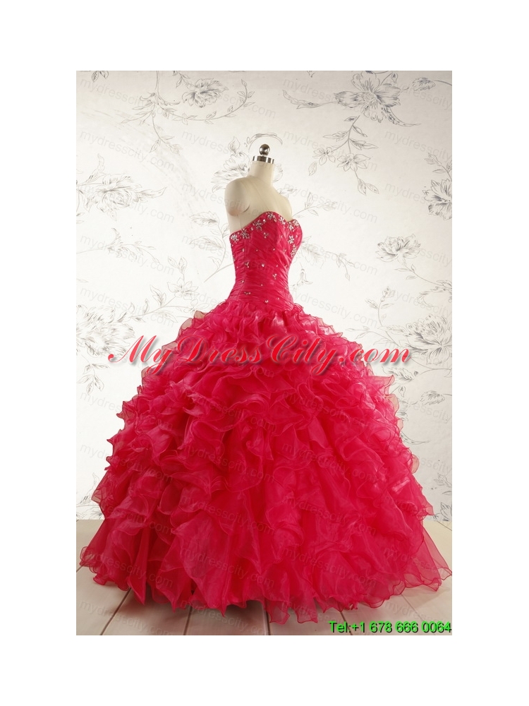 2015 Pretty Beading Red Quinceanera Dresses with Sweetheart