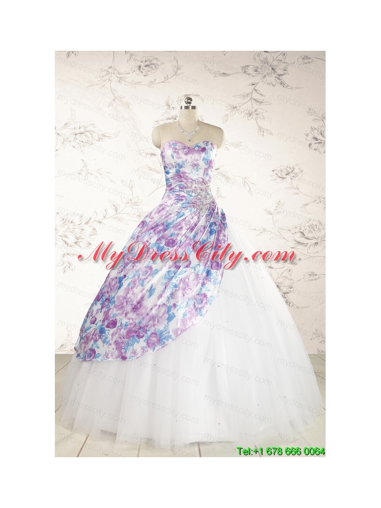 2015 Printed Multi Color Quinceanera Dresses with Beading and Ruching