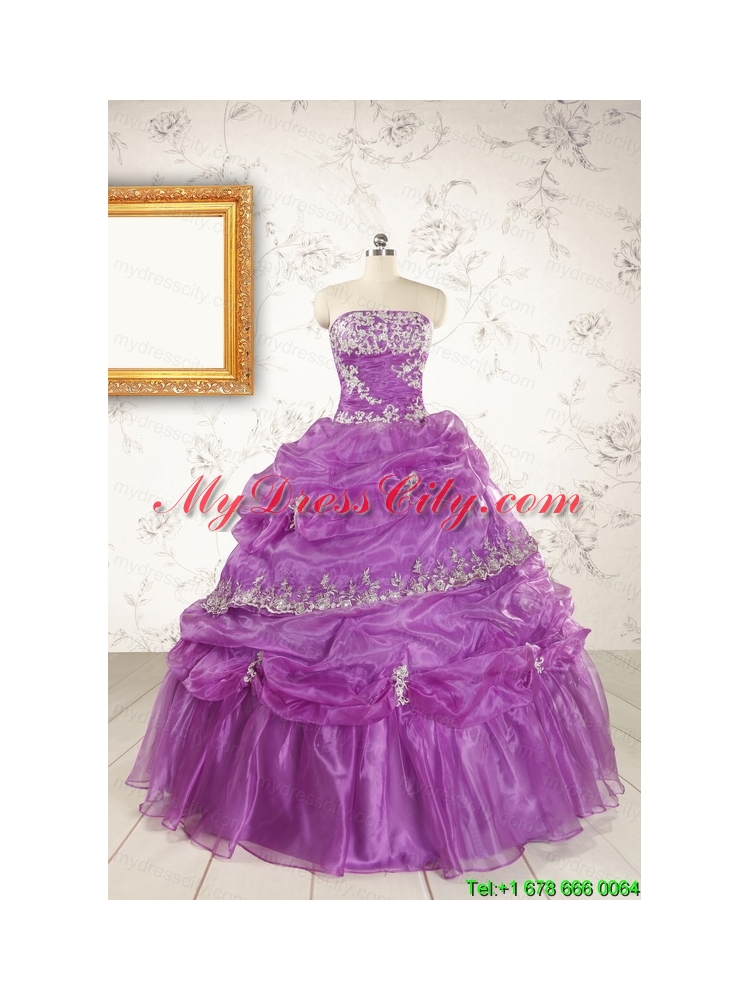 Pretty Strapless Lilac Quinceanera Dresses with Appliques for 2015