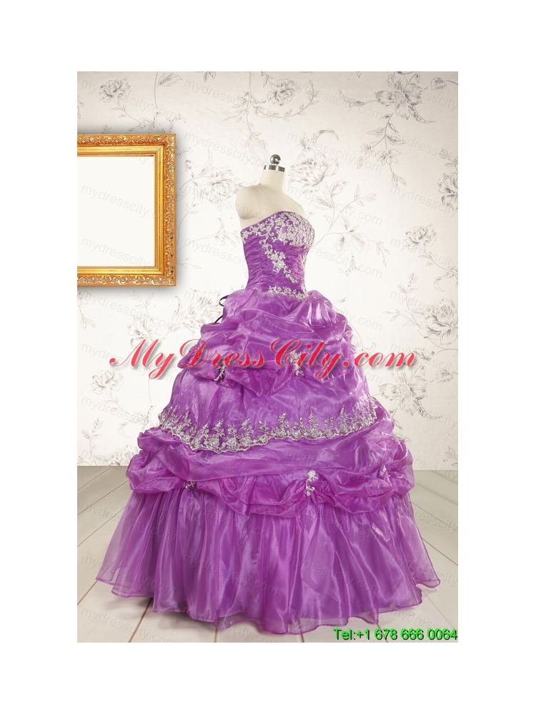 Pretty Strapless Lilac Quinceanera Dresses with Appliques for 2015