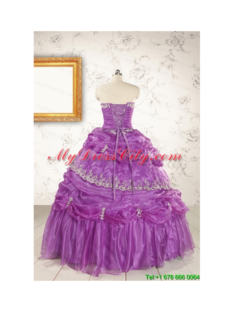 Pretty Strapless Lilac Quinceanera Dresses with Appliques for 2015