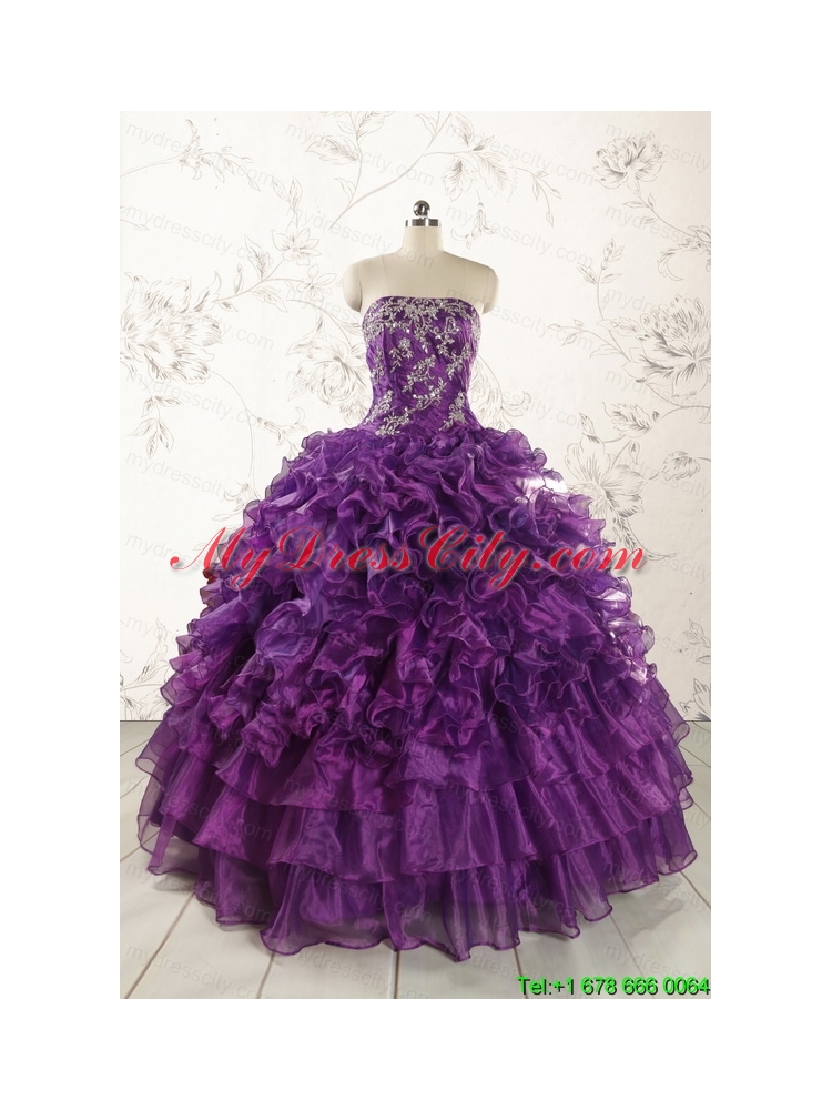 Purple Strapless 2015 Quinceanera Dress with Appliques