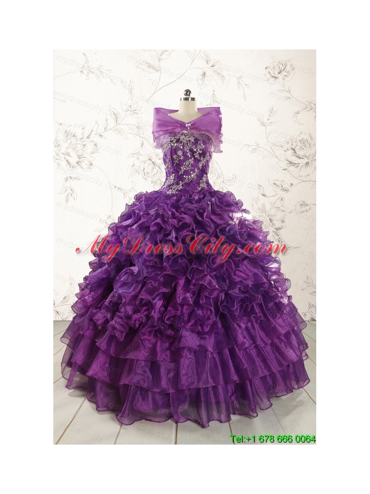 Purple Strapless 2015 Quinceanera Dress with Appliques