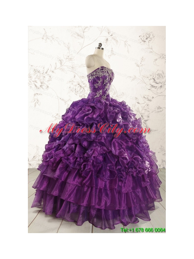 Purple Strapless 2015 Quinceanera Dress with Appliques