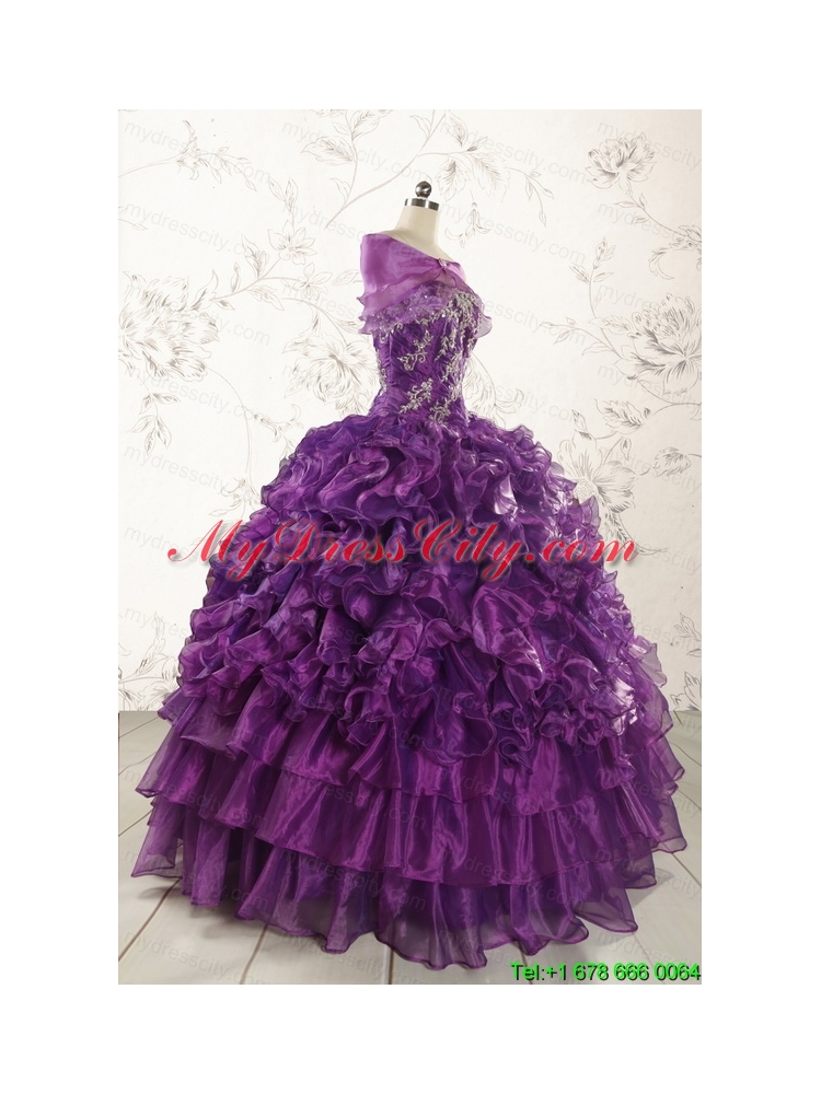 Purple Strapless 2015 Quinceanera Dress with Appliques