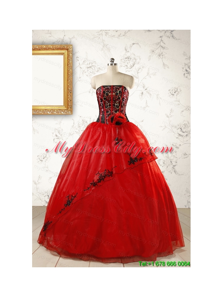 Red Appliques Strapless Quinceanera Dresses for 2015