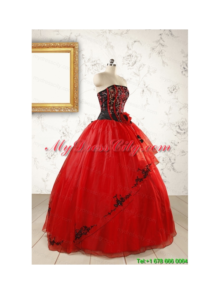 Red Appliques Strapless Quinceanera Dresses for 2015