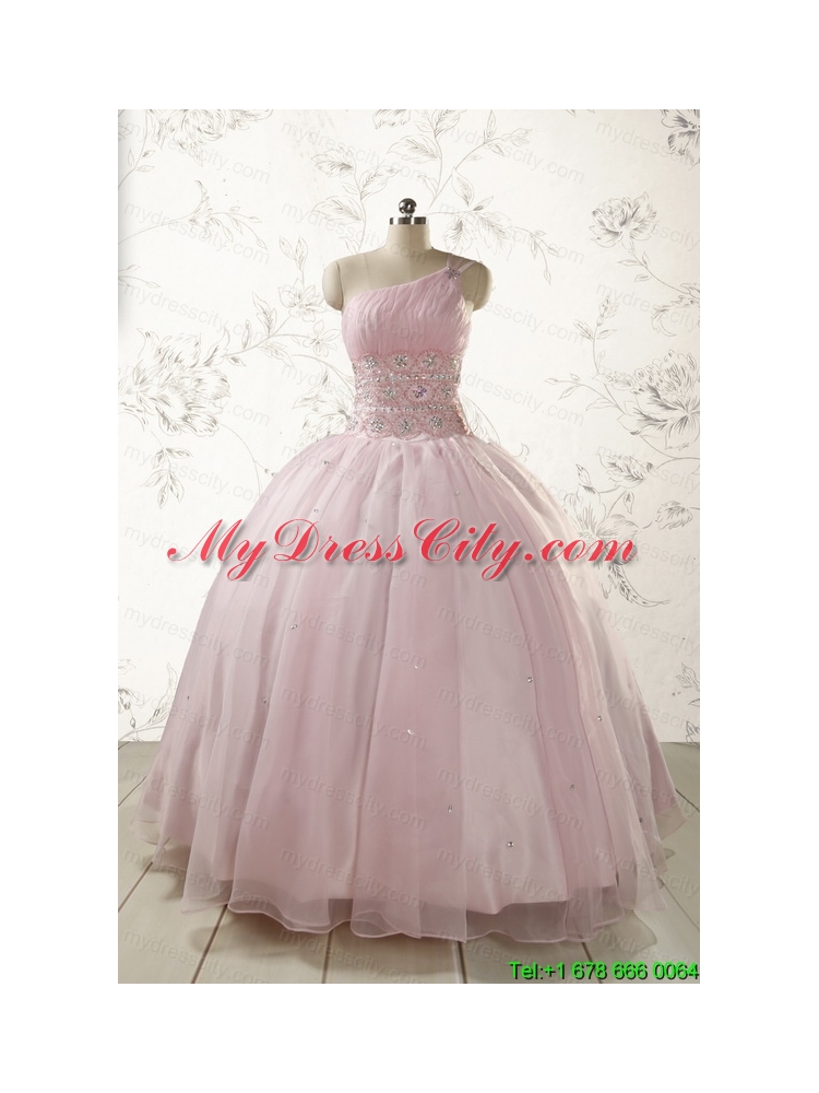 2015 One Shoulder Beading Light Pink Quinceanera Dresses