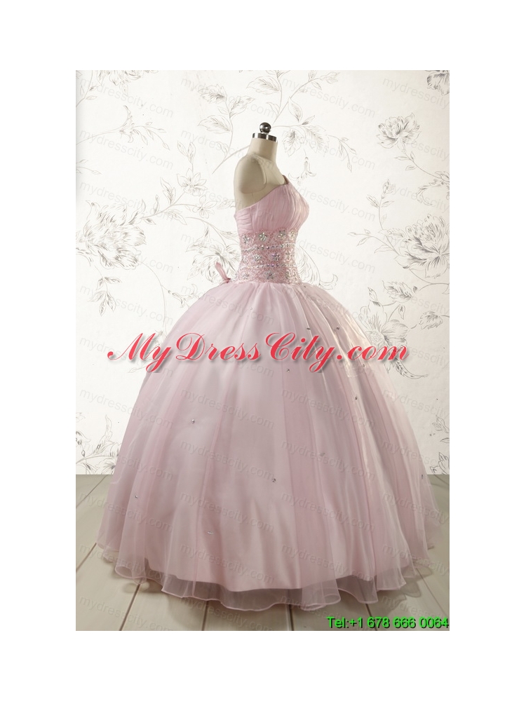 2015 One Shoulder Beading Light Pink Quinceanera Dresses