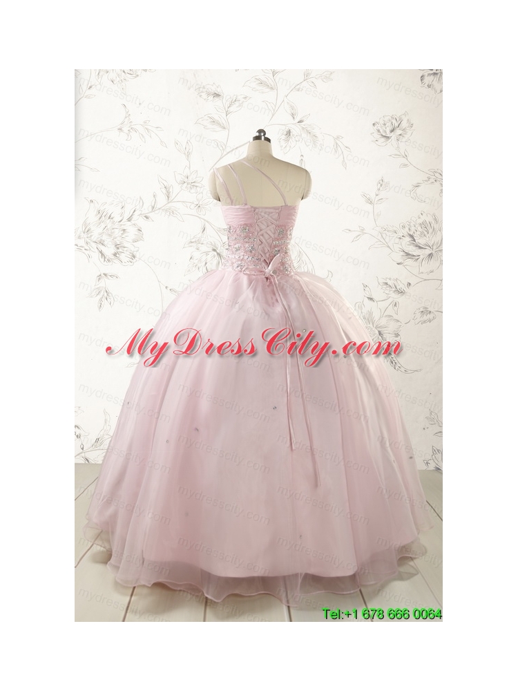 2015 One Shoulder Beading Light Pink Quinceanera Dresses