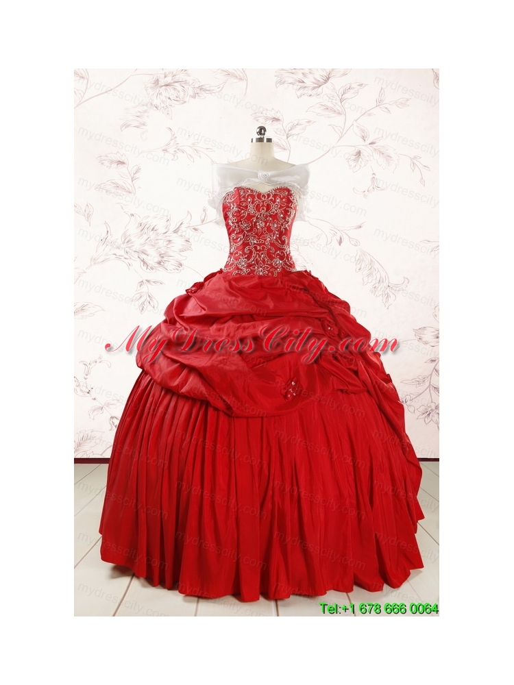 2015 Puffy Sweetheart Beading Quinceanera Dresses in Red