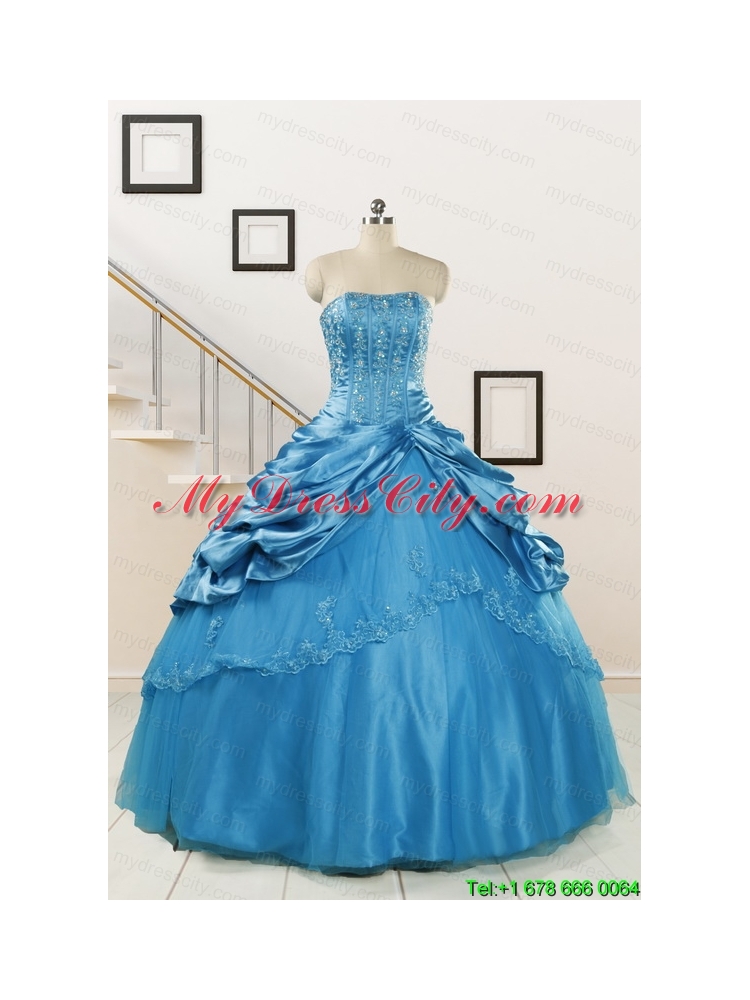 2015 Spring Fashionable Appliques Teal Quinceanera Dresses