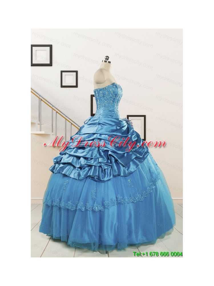 2015 Spring Fashionable Appliques Teal Quinceanera Dresses