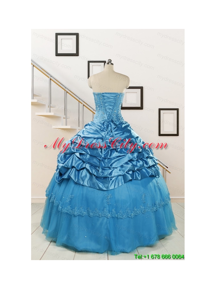 2015 Spring Fashionable Appliques Teal Quinceanera Dresses