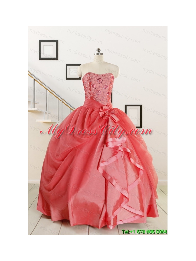 Cheap Strapless Ball Gown Quinceanera Dresses in Watermelon for 2015