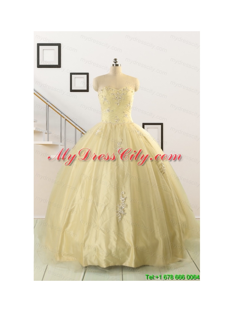 Latest Appliques Quinceanera Dress in Light Yellow For 2015