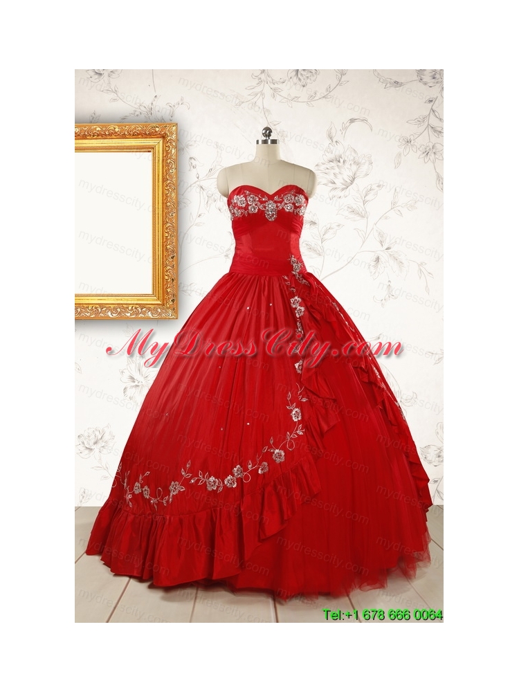 2015 Cheap Sweetheart Red Puffy Quinceanera Dresses with Embroidery