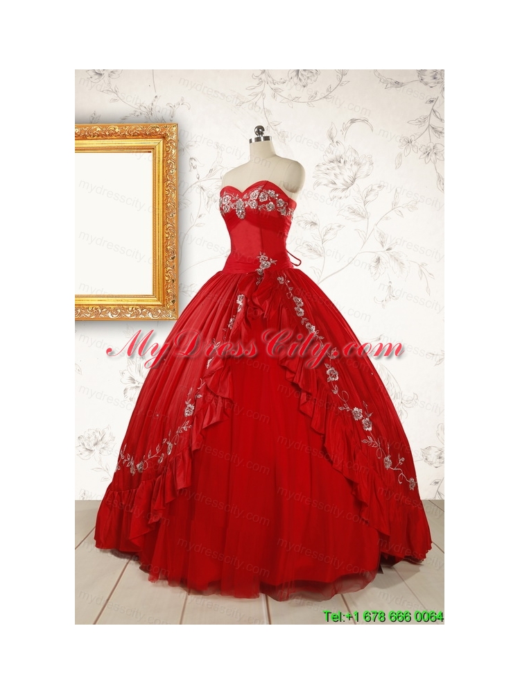 2015 Cheap Sweetheart Red Puffy Quinceanera Dresses with Embroidery