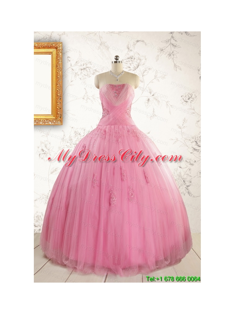 2015 Pretty Pink Quinceaneras Dresses with Appliques and Beading