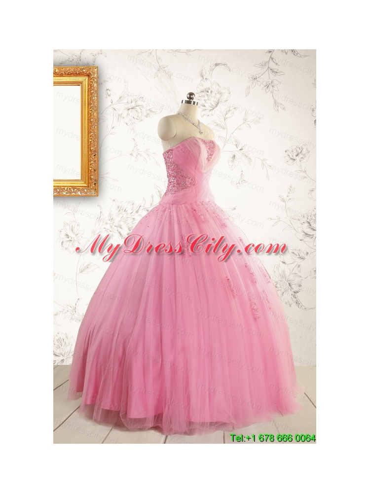 2015 Pretty Pink Quinceaneras Dresses with Appliques and Beading