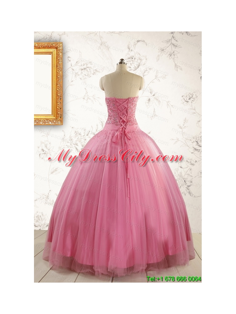 2015 Pretty Pink Quinceaneras Dresses with Appliques and Beading