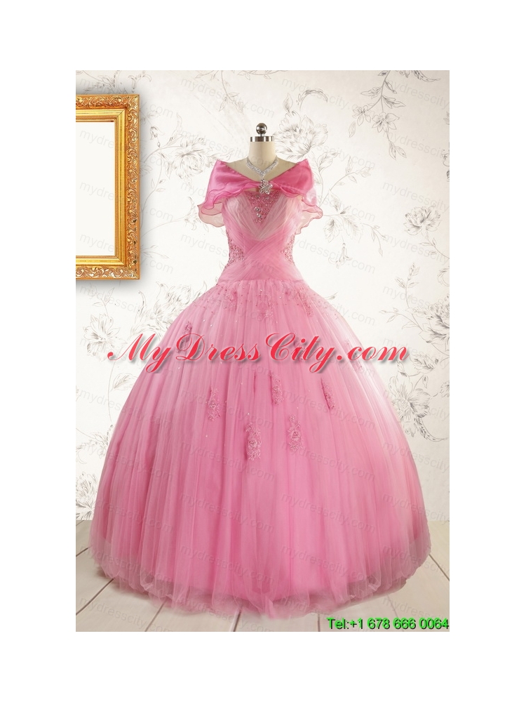 2015 Pretty Pink Quinceaneras Dresses with Appliques and Beading