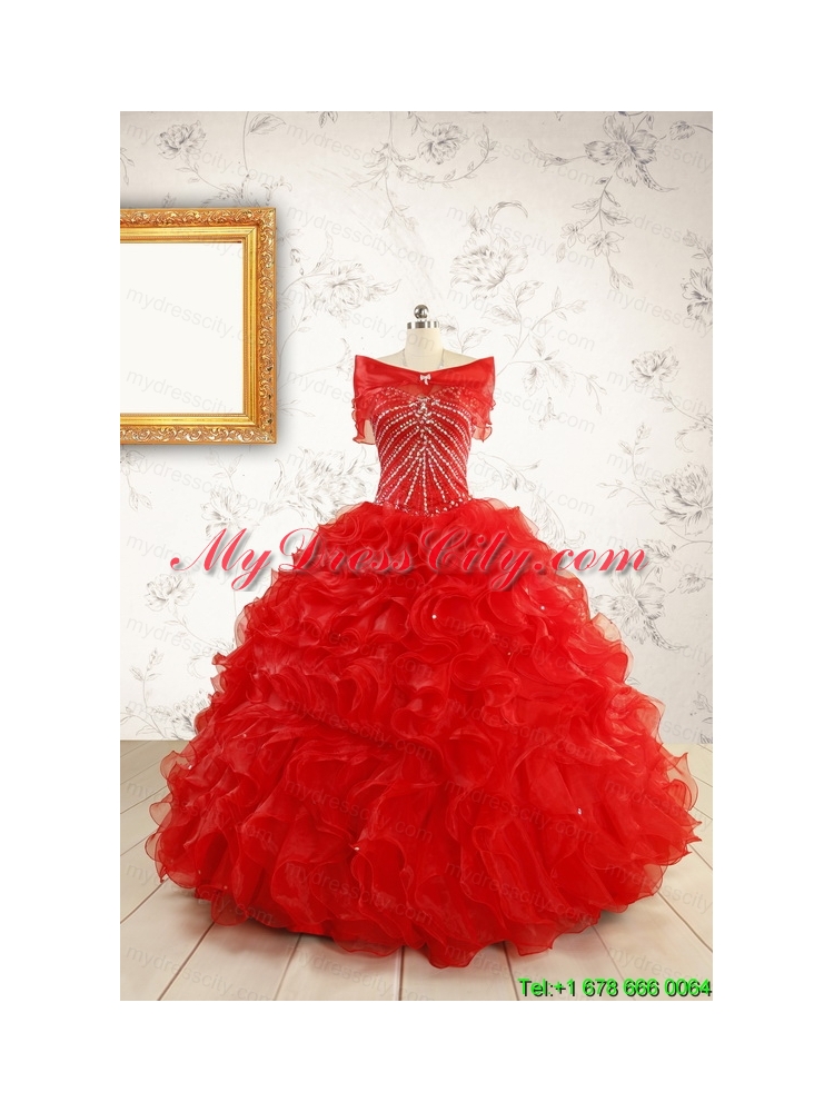 Exquisite Beading and Ruffles Red Quinceanera Gowns with Wrap for 2015