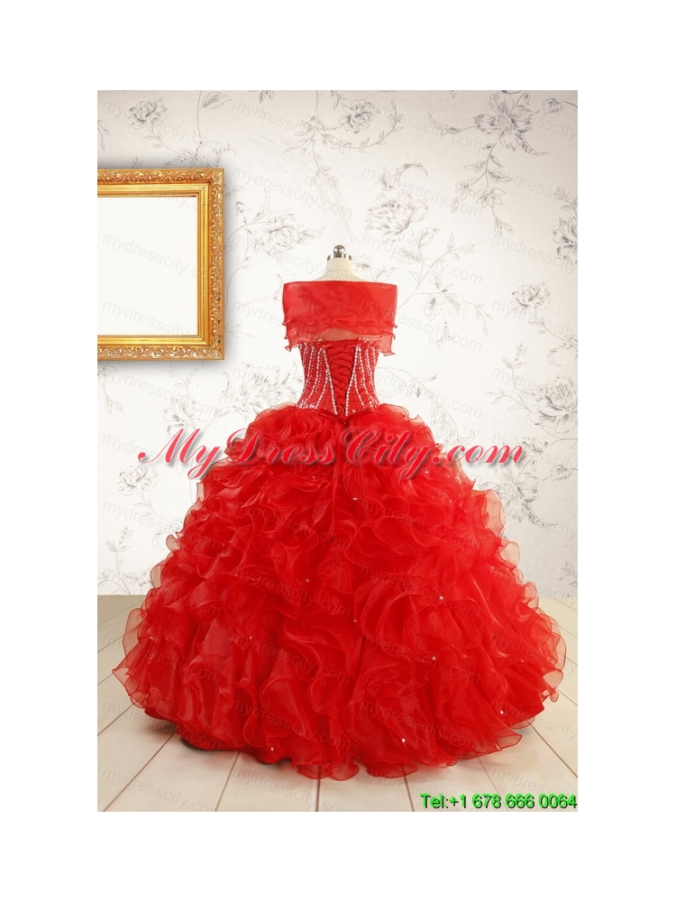 Exquisite Beading and Ruffles Red Quinceanera Gowns with Wrap for 2015