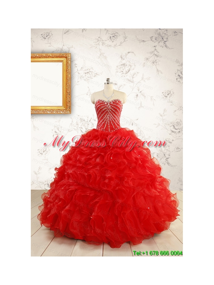 Exquisite Beading and Ruffles Red Quinceanera Gowns with Wrap for 2015