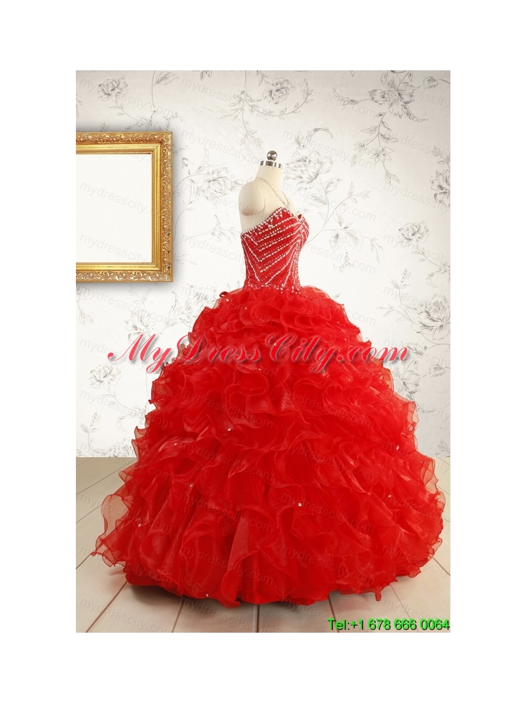 Exquisite Beading and Ruffles Red Quinceanera Gowns with Wrap for 2015