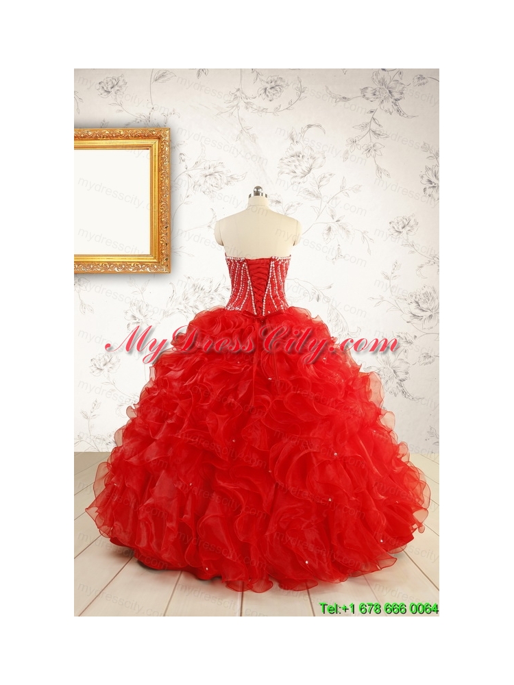 Exquisite Beading and Ruffles Red Quinceanera Gowns with Wrap for 2015