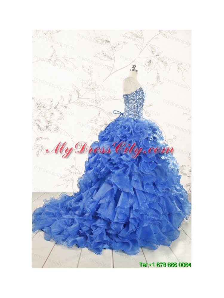 Hot Sale Beading Royal Blue Sweet 15 Dresses with Sweep Train