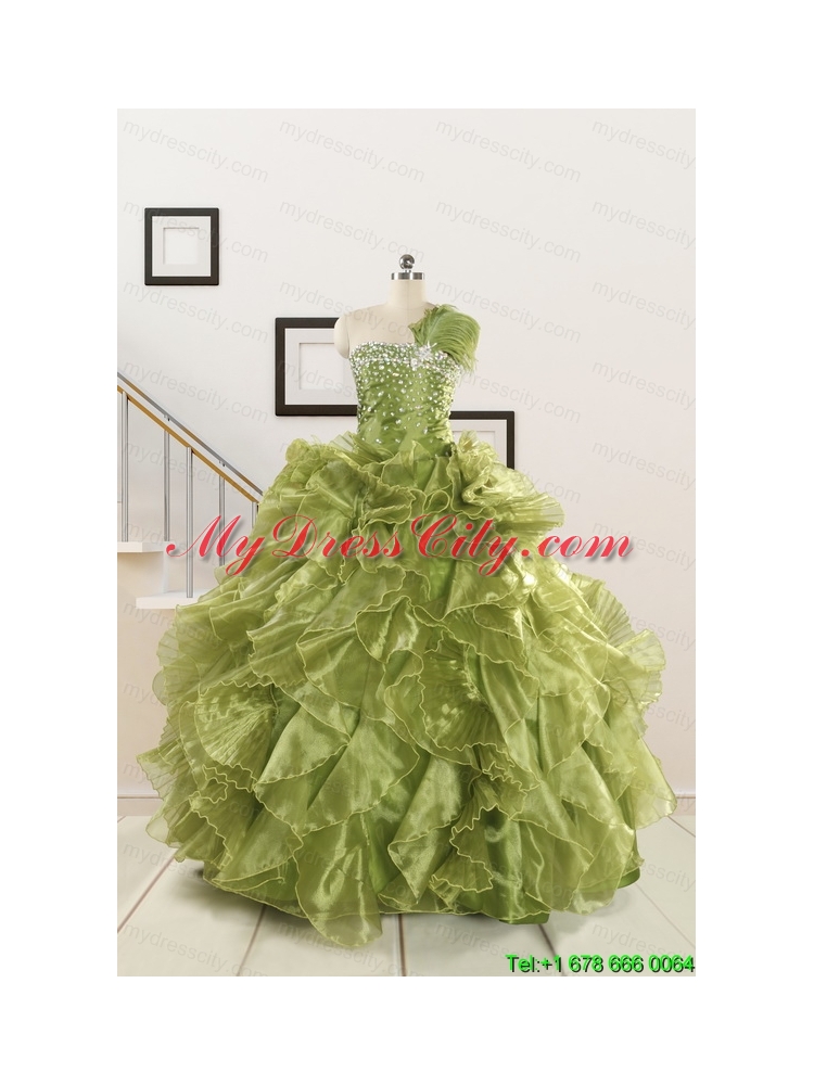 Inexpensive Olive Green Dresses for Quince with Beading and Ruffles