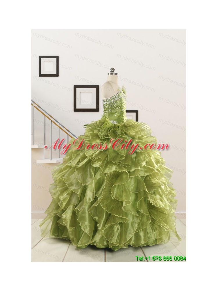 Inexpensive Olive Green Dresses for Quince with Beading and Ruffles