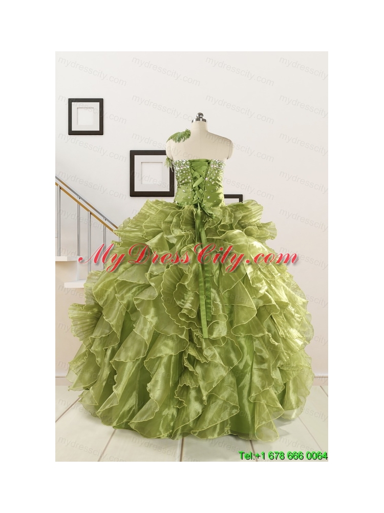 Inexpensive Olive Green Dresses for Quince with Beading and Ruffles