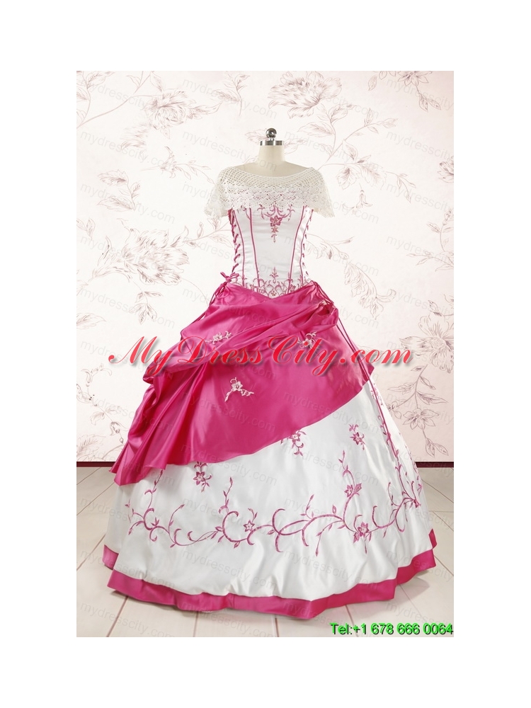 Luxurious Embroidery Sweet 15 Dresses in White and Hot Pink