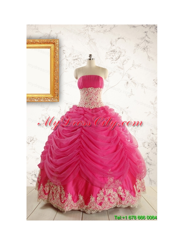 Luxurious Lace Appliques 2015 Quinceanera Gowns in Hot Pink