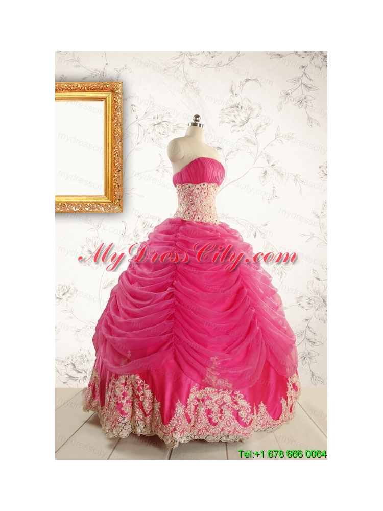 Luxurious Lace Appliques 2015 Quinceanera Gowns in Hot Pink