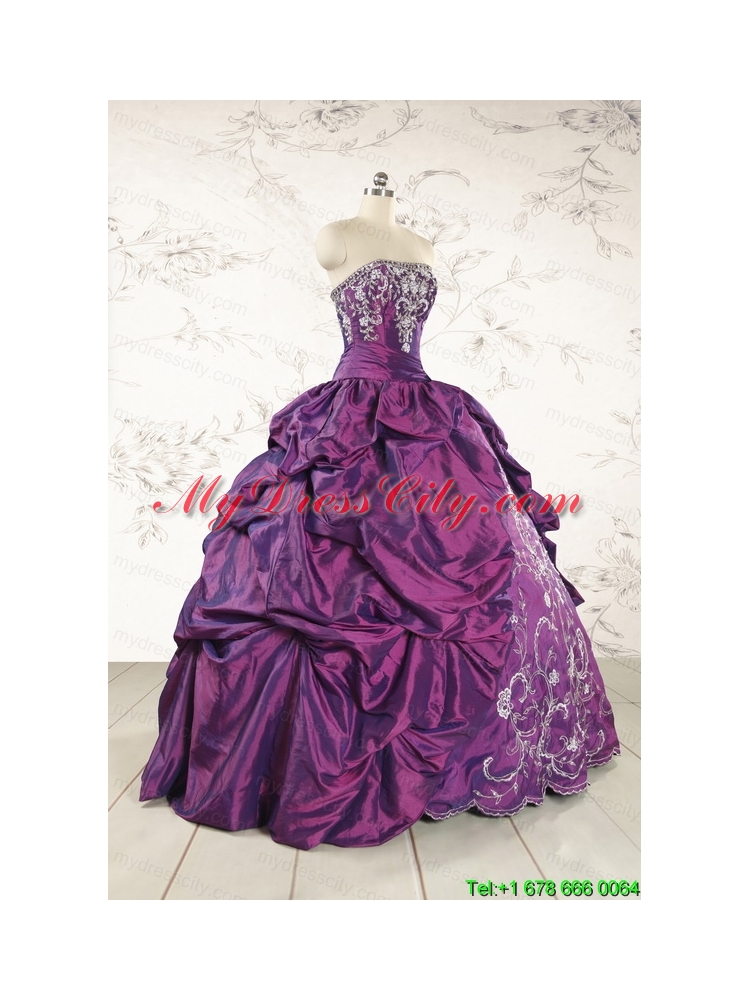 Purple Strapless 2015 Quinceanera Dresses with Embroidery