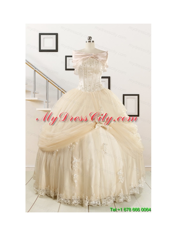 2015 Classical Appliques and Hand Made Flower Quinceanera Dresses in Champagne