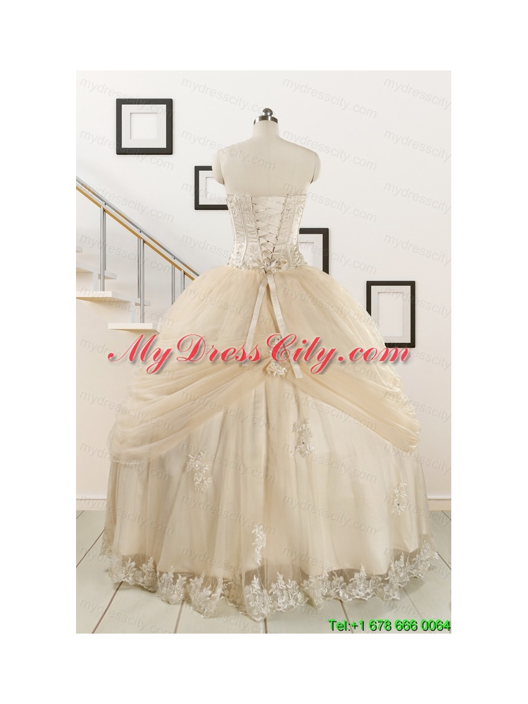 2015 Classical Appliques and Hand Made Flower Quinceanera Dresses in Champagne