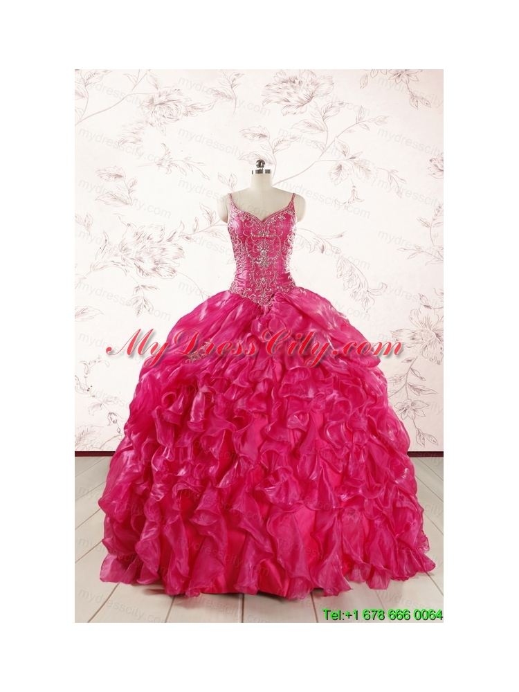 2015 Unique Beading Hot Pink Quinceanera Dresses with Spaghetti Straps