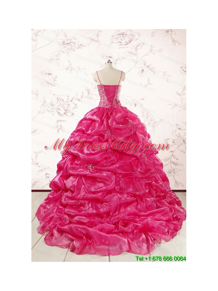 2015 Unique Beading Hot Pink Quinceanera Dresses with Spaghetti Straps