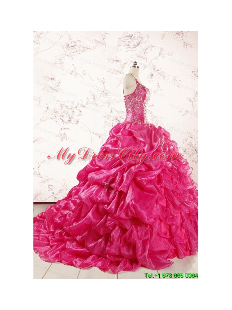 2015 Unique Beading Hot Pink Quinceanera Dresses with Spaghetti Straps