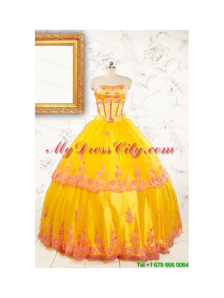 Gold Strapless Beautiful Quinceanera Dresses with Appliques