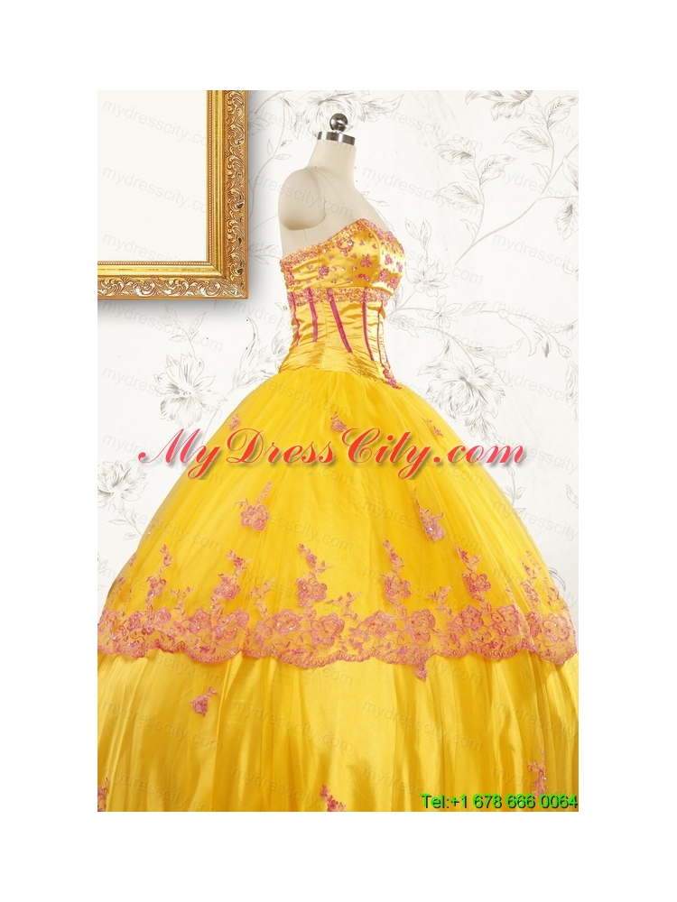 Gold Strapless Beautiful Quinceanera Dresses with Appliques