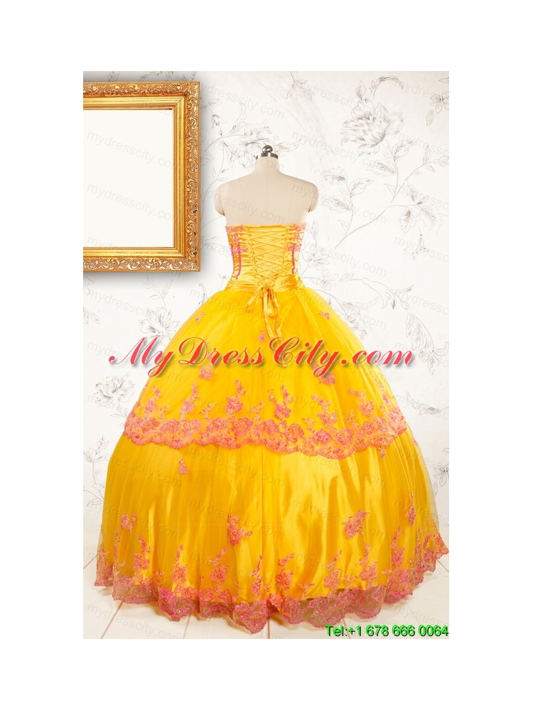 Gold Strapless Beautiful Quinceanera Dresses with Appliques