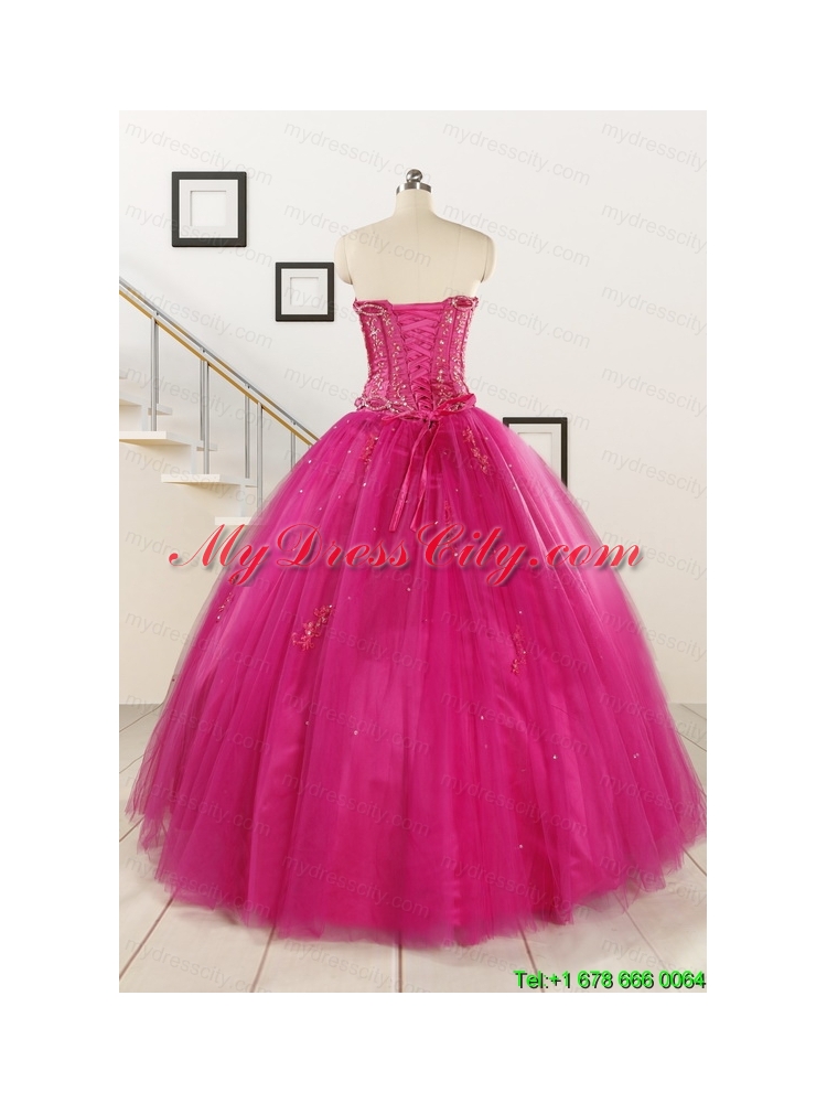 Perfect Fuchsia Quinceanera Dresses with Beading and Appliques for 2015