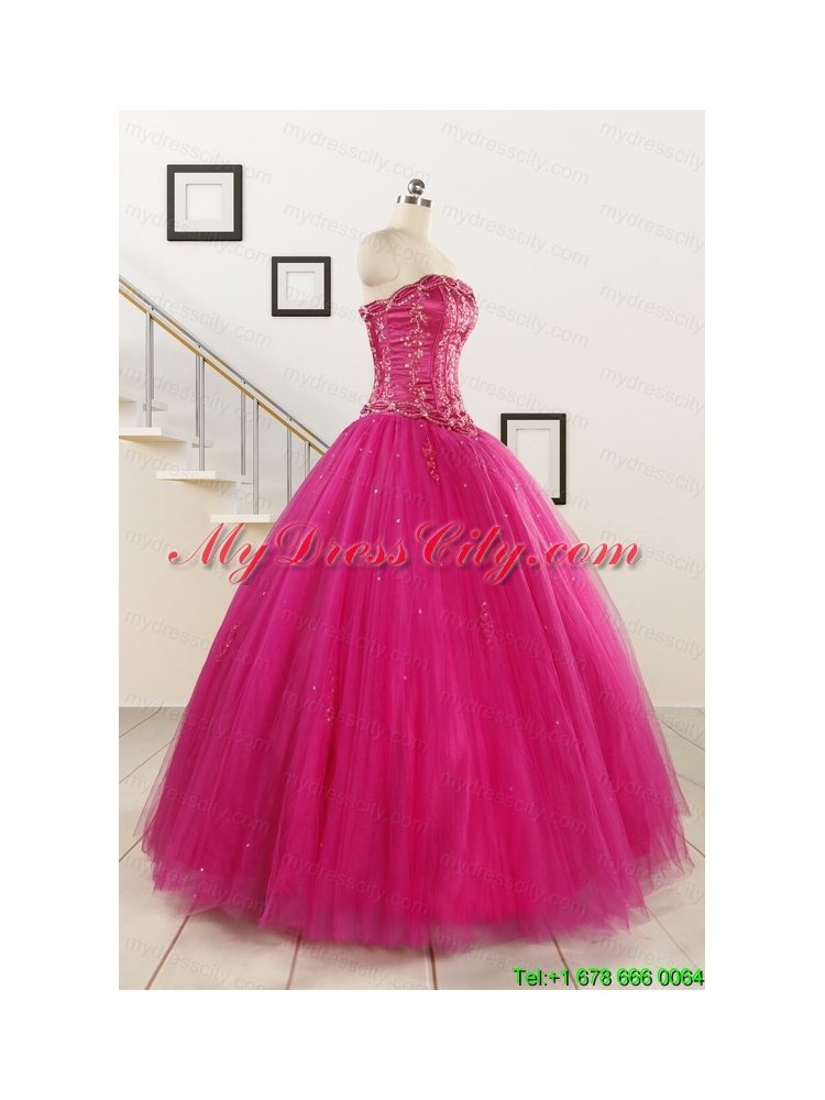 Perfect Fuchsia Quinceanera Dresses with Beading and Appliques for 2015